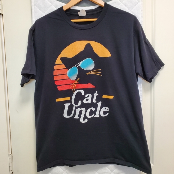 Port & Company "Cat Uncle" t-shirt, black,  size L, cotton, cat with sunglasses. - Picture 1 of 10